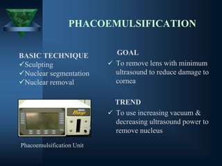 PHACOEMULSIFICATION
GOAL
✓ To remove lens with minimum
ultrasound to reduce damage to
cornea
TREND
✓ To use increasing vacuum &
decreasing ultrasound power to
remove nucleus
Phacoemulsification Unit
BASIC TECHNIQUE
✓Sculpting
✓Nuclear segmentation
✓Nuclear removal
 