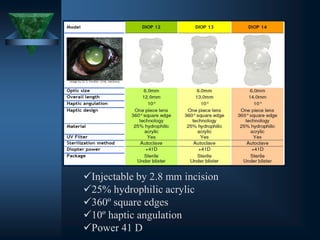 ✓Injectable by 2.8 mm incision
✓25% hydrophilic acrylic
✓360º square edges
✓10º haptic angulation
✓Power 41 D
 
