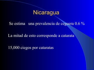 NicaraguaNicaragua
Se estima una prevalencia de ceguera 0.6 %
La mitad de esto corresponde a catarata
15,000 ciegos por cataratas
 