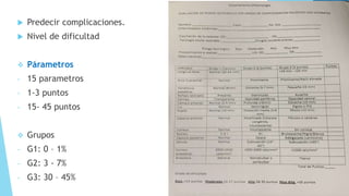  Predecir complicaciones.
 Nivel de dificultad
 Párametros
- 15 parametros
- 1-3 puntos
- 15- 45 puntos
 Grupos
- G1: 0 – 1%
- G2: 3 - 7%
- G3: 30 – 45%
 