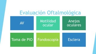 Evaluación Oftalmológica
AV
Motilidad
ocular
Anejos
oculares
Toma de PIO Fondoscopía Esclera
 
