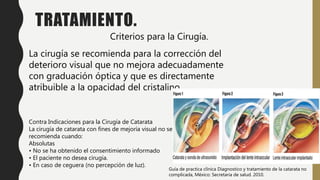 TRATAMIENTO.
Criterios para la Cirugía.
La cirugía se recomienda para la corrección del
deterioro visual que no mejora adecuadamente
con graduación óptica y que es directamente
atribuible a la opacidad del cristalino.
Contra Indicaciones para la Cirugía de Catarata
La cirugía de catarata con fines de mejoría visual no se
recomienda cuando:
Absolutas
• No se ha obtenido el consentimiento informado
• El paciente no desea cirugía.
• En caso de ceguera (no percepción de luz).
Guía de practica clínica Diagnostico y tratamiento de la catarata no
complicada, México: Secretaria de salud. 2010.
 