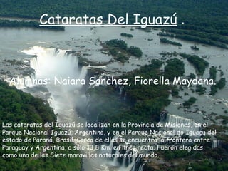 Cataratas Del Iguazú .



  Alumnas: Naiara Sanchez, Fiorella Maydana.



Las cataratas del Iguazú se localizan en la Provincia de Misiones, en el
Parque Nacional Iguazú, Argentina, y en el Parque Nacional do Iguaçu del
estado de Paraná, Brasil. Cerca de ellas se encuentra la frontera entre
Paraguay y Argentina, a sólo 13,8 Km. en línea recta. Fueron elegidas
como una de las Siete maravillas naturales del mundo.
 