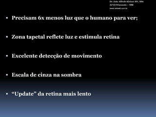 Dr. João Alfredo Kleiner MV, MScACVO Wisconsin – 1998www.vetweb.com.brPrecisam 6x menos luz que o humano para ver;Zona tapetal reflete luz e estimula retinaExcelente detecção de movimentoEscala de cinza na sombra“Update” da retina mais lento