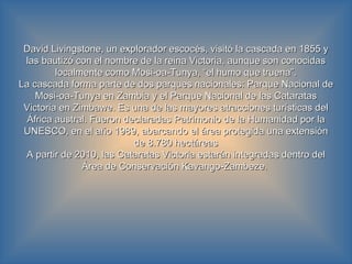 David Livingstone, un explorador escocés, visitó la cascada en 1855 y las bautizó con el nombre de la reina Victoria, aunque son conocidas localmente como Mosi-oa-Tunya, “el humo que truena”. La cascada forma parte de dos parques nacionales: Parque Nacional de Mosi-oa-Tunya   en Zambia y el Parque Nacional de las Cataratas Victoria en Zimbawe. Es una de las mayores atracciones turísticas del África austral. Fueron declaradas Patrimonio de la Humanidad por la UNESCO, en el año 1989, abarcando el área protegida una extensión de 8.780 hectáreas A partir de 2010, las Cataratas Victoria estarán integradas dentro del Área de Conservación Kavango-Zambeze.  