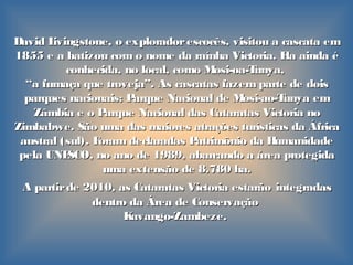 David Livingstone, o exploradorescocês, visitou a cascata emDavid Livingstone, o exploradorescocês, visitou a cascata em
1855 e a batizou com o nome da raínha Victoria. Ela ainda é1855 e a batizou com o nome da raínha Victoria. Ela ainda é
conhecida, no local, como Mosi-oa-Tunya,conhecida, no local, como Mosi-oa-Tunya,
““a fumaça que troveja”. As cascatas fazem parte de doisa fumaça que troveja”. As cascatas fazem parte de dois
parques nacionais: Parque Nacional de Mosi-ao-Tunyaparques nacionais: Parque Nacional de Mosi-ao-Tunya emem
Zâmbia e o Parque Nacional das Cataratas Victoria noZâmbia e o Parque Nacional das Cataratas Victoria no
Zimbabwe. São uma das maiores atrações turísticas da ÁfricaZimbabwe. São uma das maiores atrações turísticas da África
austral (sul). Foram declaradas Patrimônio da Humanidadeaustral (sul). Foram declaradas Patrimônio da Humanidade
pela UNESCO, no ano de 1989, abarcando a área protegidapela UNESCO, no ano de 1989, abarcando a área protegida
uma extensão de 8.780 ha.uma extensão de 8.780 ha.
A partirde 2010, as Cataratas Victoria estarãoA partirde 2010, as Cataratas Victoria estarão integradasintegradas
dentro da Área de Conservaçãodentro da Área de Conservação
Kavango-Zambeze.Kavango-Zambeze.
 