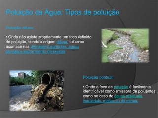 Poluição da Água: Tipos de poluição
Poluição difusa:
• Onde não existe propriamente um foco definido
de poluição, sendo a origem difusa, tal como
acontece nas drenagens agrícolas, águas
pluviais e escorrimento de lixeiras
Poluição pontual:
• Onde o foco de poluição é facilmente
identificável como emissora de poluentes,
como no caso de águas residuais,
industriais, mistos ou de minas.
 