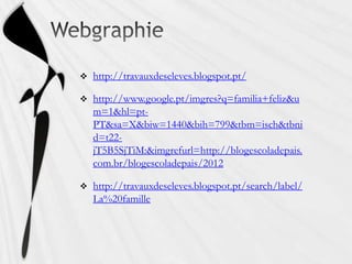    http://travauxdeseleves.blogspot.pt/

   http://www.google.pt/imgres?q=familia+feliz&u
    m=1&hl=pt-
    PT&sa=X&biw=1440&bih=799&tbm=isch&tbni
    d=t22-
    jT5B5SjTiM:&imgrefurl=http://blogescoladepais.
    com.br/blogescoladepais/2012

   http://travauxdeseleves.blogspot.pt/search/label/
    La%20famille
 