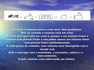 De facto o sistema parece estar bem. Sem problemas. Mas na verdade o sistema está em crise. A razão pela qual está em crise é, porque é um sistema linear e vivemos num planeta finito e não podes operar um sistema linear num planeta finito indefinidamente. A cada passo do caminho, este sistema está interagindo com o mundo real. Está a interagir com a sociedade, a economia, cultura e o  meio-ambiente. E pelo caminho está esbarrando em limites,   