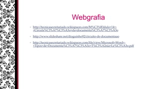 Webgrafia
• http://tecnicasecretariado.wikispaces.com/M%C3%B3dulo+14+-
+Circula%C3%A7%C3%A3o+da+documenta%C3%A7%C3%A3o
• http://www.slideshare.net/dioguinho92/circuito-de-documentaao
• http://tecnicasecretariado.wikispaces.com/file/view/Microsoft+Word+-
+Tipos+de+Documenta%C3%A7%C3%A3o+T%C3%A2nia+Le%C3%A3o.pdf
 
