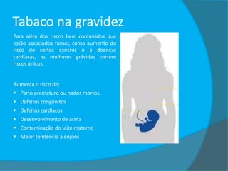 Tabaco na gravidez
Para além dos riscos bem conhecidos que
estão associados fumar, como aumento do
risco de certos cancros e a doenças
cardíacas, as mulheres grávidas correm
riscos únicos.

Aumenta o risco de:
 Parto prematuro ou nados mortos.
 Defeitos congénitos
 Defeitos cardíacos
 Desenvolvimento de asma
 Contaminação do leite materno
 Maior tendência a enjoos

 