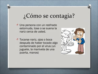 ¿Cómo se contagia?
O Una persona con un resfriado
estornuda, tose o se suena la
nariz cerca de usted.
O Tocarse nariz, ojos o boca
después de haber tocado algo
contaminado por el virus (un
juguete, la manivela de una
puerta, manos)
 