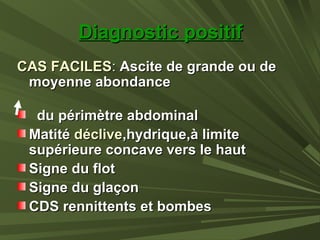 Diagnostic positifDiagnostic positif
CAS FACILESCAS FACILES:: Ascite de grande ou deAscite de grande ou de
moyenne abondancemoyenne abondance
du périmètre abdominaldu périmètre abdominal
MatitéMatité déclivedéclive,hydrique,à limite,hydrique,à limite
supérieure concave vers le hautsupérieure concave vers le haut
Signe du flotSigne du flot
Signe du glaçonSigne du glaçon
CDS rennittents et bombesCDS rennittents et bombes
 