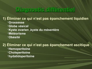 Diagnostic différentielDiagnostic différentiel
1) Éliminer ce qui n’est pas épanchement liquidien
Grossesse
Globe vésical
Kyste ovarien ,kyste du mésentère
Météorisme
Obésité
2) Éliminer ce qui n’est pas épanchement ascitique
Hemoperitoine
Choleperitoine
hydatidoperitoine
 
