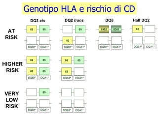 02 05 DQB1* DQA1* 05 02 DQB1* DQA1* 0302 0301 DQB1 * DQA1 * DQ2  cis DQ2  trans DQ8 Genotipo HLA e rischio di CD 02 05 02 05 DQB1* DQA1* 02 DQB1* DQA1* Half DQ2 AT RISK 02 05 02 DQB1* DQA1* HIGHER RISK 05 DQB1* DQA1* VERY LOW RISK DQB1* DQA1* 