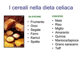 I cereali nella dieta celiaca Frumento Orzo Segale Farro Kamut Spelta Mais Riso Miglio Amaranto Quinoa Manioca/tapioca Grano saraceno Teff DA EVITARE CONCESSI 