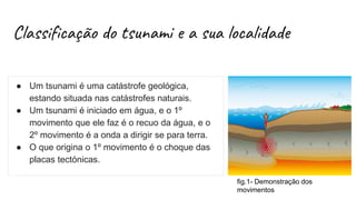 Classificação do tsunami e a sua localidade
● Um tsunami é uma catástrofe geológica,
estando situada nas catástrofes naturais.
● Um tsunami é iniciado em água, e o 1º
movimento que ele faz é o recuo da água, e o
2º movimento é a onda a dirigir se para terra.
● O que origina o 1º movimento é o choque das
placas tectónicas.
fig.1- Demonstração dos
movimentos
 