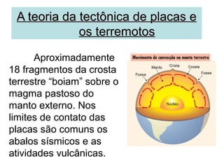 A teoria ddaa tteeccttôônniiccaa ddee ppllaaccaass ee 
ooss tteerrrreemmoottooss 
Aproximadamente 
18 fragmentos da crosta 
terrestre “boiam” sobre o 
magma pastoso do 
manto externo. Nos 
limites de contato das 
placas são comuns os 
abalos sísmicos e as 
atividades vulcânicas. 
 