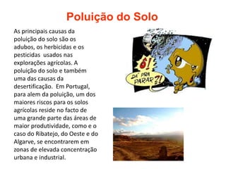 Poluição do Solo 
As principais causas da 
poluição do solo são os 
adubos, os herbicidas e os 
pesticidas usados nas 
explorações agrícolas. A 
poluição do solo e também 
uma das causas da 
desertificação. Em Portugal, 
para alem da poluição, um dos 
maiores riscos para os solos 
agrícolas reside no facto de 
uma grande parte das áreas de 
maior produtividade, como e o 
caso do Ribatejo, do Oeste e do 
Algarve, se encontrarem em 
zonas de elevada concentração 
urbana e industrial. 
 