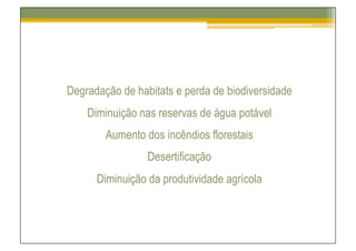 Degradação de habitats e perda de biodiversidade
    Diminuição nas reservas de água potável
        Aumento dos incêndios florestais
                 Desertificação
      Diminuição da produtividade agrícola
 