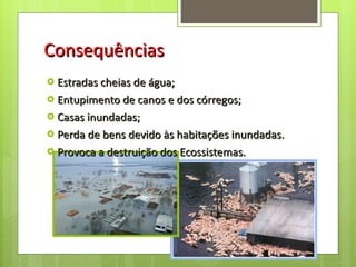 Consequências Estradas cheias de água; Entupimento de canos e dos córregos; Casas inundadas; Perda de bens devido às habitações inundadas. Provoca a destruição dos Ecossistemas. 