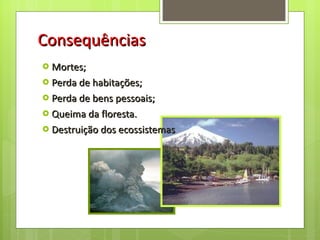 Consequências Mortes; Perda de habitações; Perda de bens pessoais; Queima da floresta.  Destruição dos ecossistemas 