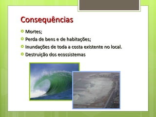 Consequências Mortes; Perda de bens e de habitações; Inundações de toda a costa existente no local. Destruição dos ecossistemas 