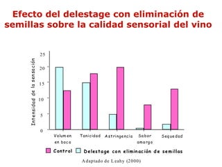 Efecto del delestage con eliminación de
semillas sobre la calidad sensorial del vino


                                         25
     Int e ns idad d e la s en sa ción




                                         20


                                         15


                                         10


                                         5


                                         0
                                              V olum en    T ani cid ad   A s t ri nge nci a   S a b or    S eq ue d ad
                                              en b oc a                                        am a rg o

                                              C ont r ol     D e les t a ge co n e limin ac ión d e s e m illas

                                                            A dap tado d e L eahy (20 00)
 