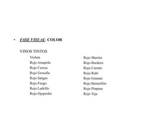 •   FASE VISUAL: COLOR

    VINOS TINTOS
        Violeta          Rojo Marrón
        Rojo Amapola     Rojo Burdeos
        Rojo Cereza      Rojo Carmín
        Rojo Grosella    Rojo Rubí
        Rojo Sangre      Rojo Granate
        Rojo Fuego       Rojo Bermellón
        Rojo Ladrillo    Rojo Púrpura
        Rojo Ojoperdiz   Rojo Teja
 