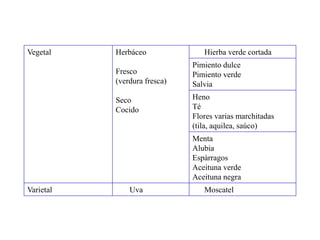 Vegetal    Herbáceo              Hierba verde cortada
                              Pimiento dulce
           Fresco             Pimiento verde
           (verdura fresca)   Salvia
           Seco               Heno
           Cocido             Té
                              Flores varias marchitadas
                              (tila, aquilea, saúco)
                              Menta
                              Alubia
                              Espárragos
                              Aceituna verde
                              Aceituna negra
Varietal       Uva               Moscatel
 