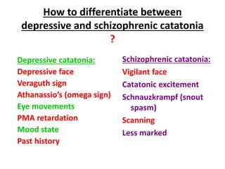 How to differentiate between
depressive and schizophrenic catatonia
?
Depressive catatonia:
Depressive face
Veraguth sign
Athanassio’s (omega sign)
Eye movements
PMA retardation
Mood state
Past history
Schizophrenic catatonia:
Vigilant face
Catatonic excitement
Schnauzkrampf (snout
spasm)
Scanning
Less marked
 