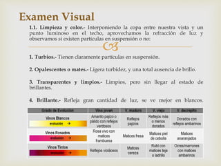 Examen Visual 
1.1. Limpieza y color.- Interponiendo la copa entre nuestra vista y un 
punto luminoso en el techo, aprovechamos la refracción de luz y 
observamos si existen partículas en suspensión o no: 
 
1. Turbios.- Tienen claramente partículas en suspensión. 
2. Opalescentes o mates.- Ligera turbidez, y una total ausencia de brillo. 
3. Transparentes y limpios.- Limpios, pero sin llegar al estado de 
brillantes. 
4. Brillante.- Refleja gran cantidad de luz, se ve mejor en blancos. 
 