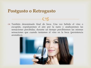 Postgusto o Retrogusto 
 
 También denominado final de boca. Una vez bebido el vino o 
escupido, expulsaremos el aire por la nariz y analizaremos las 
sensaciones percibidas, durante un tiempo percibiremos las mismas 
sensaciones que cuando teníamos el vino en la boca (persistencia 
aromática). 
 