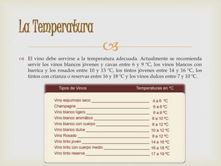  
La Temperatura 
 El vino debe servirse a la temperatura adecuada. Actualmente se recomienda 
servir los vinos blancos jóvenes y cavas entre 6 y 9 ºC, los vinos blancos con 
barrica y los rosados entre 10 y 13 ºC, los tintos jóvenes entre 14 y 16 ºC, los 
tintos con crianza o reservas entre 16 y 18 ºC y los vinos dulces entre 7 y 10 ºC. 
 