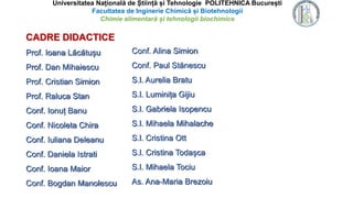 Universitatea Națională de Știință și Tehnologie POLITEHNICA București
Facultatea de Inginerie Chimică și Biotehnologii
Chimie alimentară și tehnologii biochimice
CADRE DIDACTICE
Prof. Ioana Lăcătușu
Prof. Dan Mihaiescu
Prof. Cristian Simion
Prof. Raluca Stan
Conf. Ionuț Banu
Conf. Nicoleta Chira
Conf. Iuliana Deleanu
Conf. Daniela Istrati
Conf. Ioana Maior
Conf. Bogdan Manolescu
Conf. Alina Simion
Conf. Paul Stănescu
S.l. Aurelia Bratu
S.l. Luminița Gijiu
S.l. Gabriela Isopencu
S.l. Mihaela Mihalache
S.l. Cristina Ott
S.l. Cristina Todașca
S.l. Mihaela Tociu
As. Ana-Maria Brezoiu
 