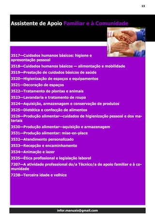 13
infor.manuais@gmail.com
Assistente de Apoio Familiar e à Comunidade
3517—Cuidados humanos básicos: higiene e
apresentação pessoal
3518—Cuidados humanos básicos — alimentação e mobilidade
3519—Prestação de cuidados básicos de saúde
3520—Higienização de espaços e equipamentos
3521—Decoração de espaços
3522—Tratamento de plantas e animais
3523—Lavandaria e tratamento de roupa
3524—Aquisição, armazenagem e conservação de produtos
3525—Dietética e confecção de alimentos
3526—Produção alimentar—cuidados de higienização pessoal e dos ma-
teriais
3530—Produção alimentar—aquisição e armazenagem
3531—Produção alimentar: mise-en-place
3532—Atendimento personalizado
3533—Recepção e encaminhamento
3534—Animação e lazer
3535—Ética profissional e legislação laboral
7207—A atividade professional do/a Técnico/a de apoio familiar e à co-
munidade
7238—Terceira idade e velhice
 
