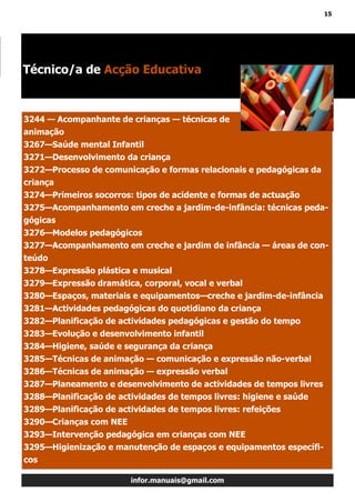 15
infor.manuais@gmail.com
3244 — Acompanhante de crianças — técnicas de
animação
3267—Saúde mental Infantil
3271—Desenvolvimento da criança
3272—Processo de comunicação e formas relacionais e pedagógicas da
criança
3274—Primeiros socorros: tipos de acidente e formas de actuação
3275—Acompanhamento em creche a jardim-de-infância: técnicas peda-
gógicas
3276—Modelos pedagógicos
3277—Acompanhamento em creche e jardim de infância — áreas de con-
teúdo
3278—Expressão plástica e musical
3279—Expressão dramática, corporal, vocal e verbal
3280—Espaços, materiais e equipamentos—creche e jardim-de-infância
3281—Actividades pedagógicas do quotidiano da criança
3282—Planificação de actividades pedagógicas e gestão do tempo
3283—Evolução e desenvolvimento infantil
3284—Higiene, saúde e segurança da criança
3285—Técnicas de animação — comunicação e expressão não-verbal
3286—Técnicas de animação — expressão verbal
3287—Planeamento e desenvolvimento de actividades de tempos livres
3288—Planificação de actividades de tempos livres: higiene e saúde
3289—Planificação de actividades de tempos livres: refeições
3290—Crianças com NEE
3293—Intervenção pedagógica em crianças com NEE
3295—Higienização e manutenção de espaços e equipamentos específi-
cos
Técnico/a de Acção Educativa
 
