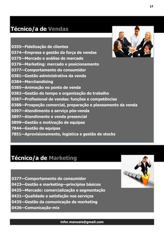 17
infor.manuais@gmail.com
0355—Fidelização de clientes
0374—Empresa e gestão da força de vendas
0375—Mercado e análise de mercado
0376—Marketing: mercado e posicionamento
0377—Comportamento do consumidor
0381—Gestão administrativa da venda
0384—Merchandising
0385—Animação no ponto de venda
0382—Gestão do tempo e organização do trabalho
0387—Profissional de vendas: funções e competências
0388—Prospeção comercial, preparação e planeamento da venda
0397—Atendimento e serviço pós-venda
5897—Atendimento e venda presencial
5899—Gestão e motivação de equipas
7844—Gestão de equipas
7851—Aprovisionamento, logística e gestão de stocks
Técnico/a de Vendas
Técnico/a de Marketing
0377—Comportamento do consumidor
0423—Gestão e marketing—princípios básicos
0425—Mercado: comercialização e segmentação
0431—Qualidade e satisfação nos serviços
0435—Gestão da comunicação de marketing
0436—Comunicação-mix
 