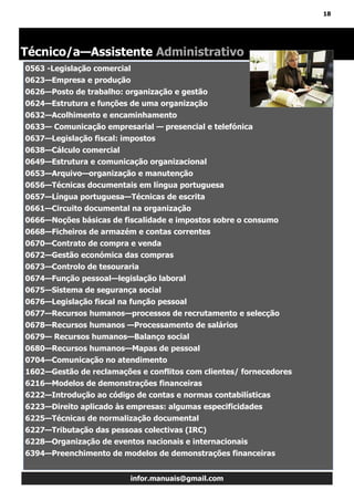 18
infor.manuais@gmail.com
Técnico/a—Assistente Administrativo
0563 -Legislação comercial
0623—Empresa e produção
0626—Posto de trabalho: organização e gestão
0624—Estrutura e funções de uma organização
0632—Acolhimento e encaminhamento
0633— Comunicação empresarial — presencial e telefónica
0637—Legislação fiscal: impostos
0638—Cálculo comercial
0649—Estrutura e comunicação organizacional
0653—Arquivo—organização e manutenção
0656—Técnicas documentais em língua portuguesa
0657—Língua portuguesa—Técnicas de escrita
0661—Circuito documental na organização
0666—Noções básicas de fiscalidade e impostos sobre o consumo
0668—Ficheiros de armazém e contas correntes
0670—Contrato de compra e venda
0672—Gestão económica das compras
0673—Controlo de tesouraria
0674—Função pessoal—legislação laboral
0675—Sistema de segurança social
0676—Legislação fiscal na função pessoal
0677—Recursos humanos—processos de recrutamento e selecção
0678—Recursos humanos —Processamento de salários
0679— Recursos humanos—Balanço social
0680—Recursos humanos—Mapas de pessoal
0704—Comunicação no atendimento
1602—Gestão de reclamações e conflitos com clientes/ fornecedores
6216—Modelos de demonstrações financeiras
6222—Introdução ao código de contas e normas contabilísticas
6223—Direito aplicado às empresas: algumas especificidades
6225—Técnicas de normalização documental
6227—Tributação das pessoas colectivas (IRC)
6228—Organização de eventos nacionais e internacionais
6394—Preenchimento de modelos de demonstrações financeiras
 