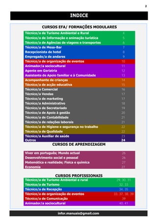 2
infor.manuais@gmail.com
INDICE
CURSOS EFA/ FORMAÇÕES MODULARES
Técnico/a de Turismo Ambiental e Rural 4
Técnico/a de Informação e animação turística 5
Técnico/a de Agências de viagens e transportes 6
Técnico/a de Mesa-Bar 7
Recepcionista de hotel 8
Empregado/a de andares 9
Técnico/a de organização de eventos 10
Animador/a sociocultural 11
Agente em Geriatria 12
Assistente de Apoio familiar e à Comunidade 13
Acompanhante de crianças 14
Técnico/a de acção educativa 15
Técnico/a Comercial 16
Técnico/a Vendas 17
Técnico/a de marketing 17
Técnico/a Administrativo 18
Técnico/a de Secretariado 19
Técnico/a de Apoio à gestão 20
Técnico/a de Contabilidade 21
Técnico/a de relações laborais 21
Técnico/a de Higiene e segurança no trabalho 22
Técnico/a de Qualidade 22
Técnico/a Auxiliar de saúde 23
Outros 24
CURSOS DE APRENDIZAGEM
Viver em português; Mundo actual 26
Desenvolvimento social e pessoal 26
Matemática e realidade; Física e química 27
Economia 27
CURSOS PROFISSIONAIS
Técnico/a de Turismo Ambiental e rural 29, 30, 31
Técnico/a de Turismo 32, 33
Técnico/a de Recepção 34, 35
Técnico/a de organização de eventos 33, 37, 38, 39
Técnico/a de Comunicação 39
Animador/a sociocultural 40, 41
 