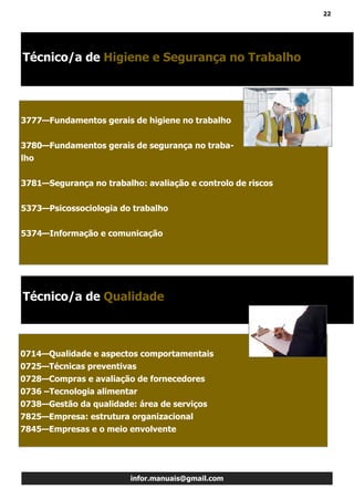 22
infor.manuais@gmail.com
3777—Fundamentos gerais de higiene no trabalho
3780—Fundamentos gerais de segurança no traba-
lho
3781—Segurança no trabalho: avaliação e controlo de riscos
5373—Psicossociologia do trabalho
5374—Informação e comunicação
Técnico/a de Higiene e Segurança no Trabalho
Técnico/a de Qualidade
0714—Qualidade e aspectos comportamentais
0725—Técnicas preventivas
0728—Compras e avaliação de fornecedores
0736 –Tecnologia alimentar
0738—Gestão da qualidade: área de serviços
7825—Empresa: estrutura organizacional
7845—Empresas e o meio envolvente
 