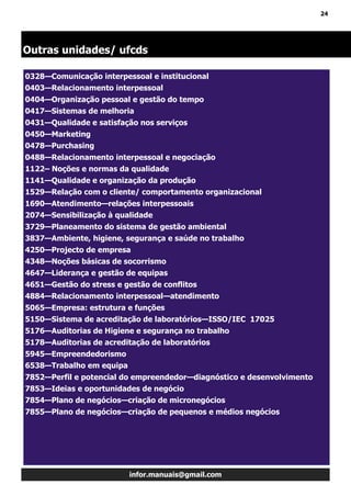 24
infor.manuais@gmail.com
0328—Comunicação interpessoal e institucional
0403—Relacionamento interpessoal
0404—Organização pessoal e gestão do tempo
0417—Sistemas de melhoria
0431—Qualidade e satisfação nos serviços
0450—Marketing
0478—Purchasing
0488—Relacionamento interpessoal e negociação
1122– Noções e normas da qualidade
1141—Qualidade e organização da produção
1529—Relação com o cliente/ comportamento organizacional
1690—Atendimento—relações interpessoais
2074—Sensibilização à qualidade
3729—Planeamento do sistema de gestão ambiental
3837—Ambiente, higiene, segurança e saúde no trabalho
4250—Projecto de empresa
4348—Noções básicas de socorrismo
4647—Liderança e gestão de equipas
4651—Gestão do stress e gestão de conflitos
4884—Relacionamento interpessoal—atendimento
5065—Empresa: estrutura e funções
5150—Sistema de acreditação de laboratórios—ISSO/IEC 17025
5176—Auditorias de Higiene e segurança no trabalho
5178—Auditorias de acreditação de laboratórios
5945—Empreendedorismo
6538—Trabalho em equipa
7852—Perfil e potencial do empreendedor—diagnóstico e desenvolvimento
7853—Ideias e oportunidades de negócio
7854—Plano de negócios—criação de micronegócios
7855—Plano de negócios—criação de pequenos e médios negócios
Outras unidades/ ufcds
 