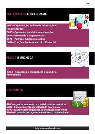 27
infor.manuais@gmail.com
6672—Organização, análise da informação e
Probabilidades
6673—Operações numéricas e estimação
6674—Geometria e trigonometria
6675—Padrões, funções e álgebra
6676—Funções, limites e cálculo diferencial
MATEMÁTICA E REALIDADE
FÍSICA E QUÍMICA
6710—Reacções de precipitação e equilíbrio
heterogéneo
ECONOMIA
6700—Agentes económicos e actividades económicas
6701—Funcionamento da actividade económica
6702—Estado como regulador da atividade económica
6703—Economia portuguesa em contexto internacional
 