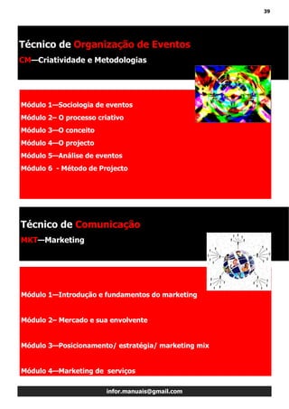 39
infor.manuais@gmail.com
Módulo 1—Sociologia de eventos
Módulo 2– O processo criativo
Módulo 3—O conceito
Módulo 4—O projecto
Módulo 5—Análise de eventos
Módulo 6 - Método de Projecto
Técnico de Organização de Eventos
CM—Criatividade e Metodologias
Módulo 1—Introdução e fundamentos do marketing
Módulo 2– Mercado e sua envolvente
Módulo 3—Posicionamento/ estratégia/ marketing mix
Módulo 4—Marketing de serviços
Técnico de Comunicação
MKT—Marketing
 