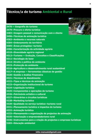 4
infor.manuais@gmail.com
Técnico/a de turismo Ambiental e Rural
3478 — Geografia do turismo
3479—Procura e oferta turística
3483—Imagem pessoal e comunicação com o cliente
3496—Técnicas de animação turística
4303—Ambiente e recursos naturais
4304—Ordenamento do território
4305—Áreas protegidas—turismo
4306—Caracterização da actividade agrária
4310—Diversidade agrária regional
4312—Turismo — Evolução, Conceitos e Classificações
4311—Sociologia do lazer
4314—Direito e política do ambiente
4315—Protecção do ambiente
4316—Agricultura e desenvolvimento rural sustentável
4317—A empresa — ferramentas clássicas de gestão
4320—Gestão e Análise Financeira
4321—Técnicas de Atendimento
4322—Tipos e técnicas de animação
4323—Organização institucional do turismo
4324—Legislação turística
4325—Componentes e operações do turismo
4326—Património artístico e cultural
4327—Itinerários e circuitos turísticos
4328—Marketing turístico
4329—Qualidade no serviço turístico—turismo rural
4331—Planeamento turístico e impactos do turismo
4332—Animação turística
4333—Planeamento e organização de projectos de animação
4335—Valorização e empreendedorismo rural
4336—Instrumentos para a criação de projectos e empresas turísticas
5265—Educação ambiental
 