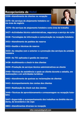 8
infor.manuais@gmail.com
Recepcionista de Hotel
NOVIDADES—cursos profissionais (16 novos manuais)
3330—Atendimento de clientes na recepção
3375—Os serviços de alojamento hoteleiro co-
mo área de negócio
3376—Os serviços de alojamento hoteleiro como área de trabalho
3427—Actividades técnico-administrativas, segurança e serviço de noite
3428—Tecnologias de informação e comunicação na recepção hoteleira
3431—Atendimento de pedidos de reserva
3432—Gestão e técnicas de reserva
3433—As relações com o exterior e a promoção dos serviços da unidade
hoteleira
3435—As TIC aplicadas à gestão de reservas
3438—Acolhimento e check-in dos clientes
3439—Prestação de serviços técnico-administrativos ao cliente
3440—Técnicas de assistência e apoio ao cliente durante a estadia, em
deslocações e em actividades turísticas
3441—Atendimento de queixas ou reclamações de clientes
3442—Acompanhamento das contas dos clientes
3443—Realização de check-out dos cientes
3446—Técnicas de aprovisionamento e armazenagem na recepção hote-
leira
3447—Supervisão e acompanhamento dos trabalhos no âmbito dos an-
dares, da lavandaria e da copa
3802—Atendimentos diversos na recepção
 