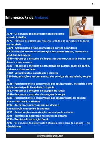 9
infor.manuais@gmail.com
3376—Os serviços de alojamento hoteleiro como
área de trabalho
3377—Práticas de segurança, higiene e saúde nos serviços de andares
em hotelaria
3378—Organização e funcionamento do serviço de andares
3379—Funcionamento e conservação dos equipamentos, materiais e
produtos de limpeza
3380—Processos e métodos de limpeza de quartos, casas de banho, an-
dares e zonas comuns
3381—Processos e métodos de arrumação de quartos, casas de banho,
andares e zonas comuns
3382—Atendimento e assistência a clientes
3385-Organização e funcionamento dos serviços de lavandaria/ roupa-
ria
3386—Funcionamento e conservação dos equipamentos, materiais e pro-
dutos do serviço de lavandaria/ rouparia
3387—Processos e métodos de lavagem de roupa
3388—Processos e métodos de secagem de roupa
3389—Funcionamento e conservação dos equipamentos de costura
3391—Informação a clientes
3394—Aprovisionamento, gestão de stocks e
inventariação em serviço de andares
3395—Conservação e manutenção no serviço de andares
3396—Técnicas de decoração no serviço de andares
3397—Técnicas de decoração floral
3803—Os serviços de alojamento hoteleiro como área de negócio — no-
ções básicas
Empregado/a de Andares
 