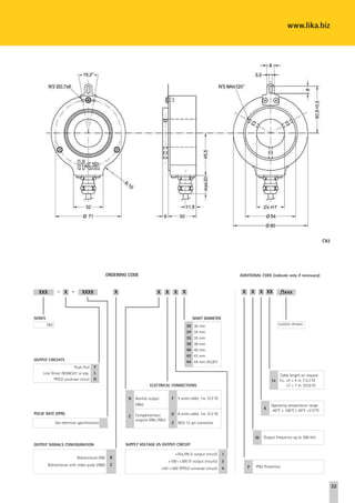 www.lika.biz




                                                                                                                                                                                    C82




                                                  ORDERING CODE                                                               ADDITIONAL CODE (indicate only if necessary)



  XXX           - X -           XXXX                   X                     X       X    X     X                              X       X       X XX       /Sxxx



SERIES                                                                                                   SHAFT DIAMETER
         C82                                                                                        30                                                   custom version
                                                                                                         30 mm
                                                                                                    34   34 mm
                                                                                                    35   35 mm
                                                                                                    38   38 mm
                                                                                                    40   40 mm
                                                                                                    42   42 mm
OUTPUT CIRCUITS                                                                                     44   44 mm (43,97)
                       Push-Pull        Y
     Line Driver AD26LS31 or eqv.       L
                                                                                                                                                         Cable length on request
           PP/LD universal circuit      H                                                                                                           Lx   Ex.: L4 = 4 m. (13.2 ft)
                                                                        ELECTRICAL CONNECTIONS                                                                L7 = 7 m. (23.0 ft)


                                                            N Normal output              F 5 wires cable, 1m. (3.3 ft)
                                                              (ABx)                                                                                 Operating temperature range:
                                                                                                                                                K
                                                                                                                                                    -40°C + 100°C (-40°F +212°F)
PULSE RATE (PPR)                                                Complementary            U 8 wires cable, 1m. (3.3 ft)
                                                            C
                                                                outputs (ABx /ABx)
               See electrical specifications                                             Z M23 12 pin connector


                                                                                                                                           W    Output frequency up to 200 kHz
OUTPUT SIGNALS CONFIGURATION                               SUPPLY VOLTAGE VS OUTPUT CIRCUIT

                                                                                           +5V±5% (L output circuit)      1
                             Bidirectional (AB)    B
                                                                                     +10V÷+30V (Y output circuits)        2
         Bidirectional with index pulse (AB0)      Z                                                                                       IP65 Protection
                                                                                 +5V÷+30V (PP/LD universal circuit)       4        P



                                                                                                                                                                                          32
 