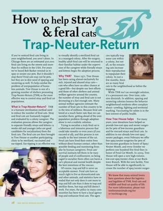 If you’ve noticed feral cats living in
your neighborhood, you aren’t alone. In
Chicago there are an estimated 500,000
feral cats living on the streets and more
than 60 million in the USA. For years
we’ve heard Bob Barker remind us to
spay or neuter our pets. But it shouldn’t
stop there! Feral cats may not be pets,
but they are in dire need of spaying and
neutering as well. To help combat the
problem of overpopulation of home-
less animals, Tree House is one of a
growing number of shelters promoting
Trap-Neuter-Return (TNR) as the most
effective way to control stray and feral cat
populations.
What is Trap-Neuter-Return? TNR
is a humane sterilization method used
to reduce the number of feral cats. Stray
and feral cats are humanely trapped
and evaluated by a colony caregiver. The
evaluation process allows the caregiver
to separate friendly strays and kittens 12
weeks old and younger (who are good
candidates for socialization) from the
feral cats. The feral cats are then brought
to Tree House or another participating
clinic to be sterilized, vaccinated and
ear-tipped. Ear-tipping is an effective way
to visually identify a sterilized feral cat
in a managed colony. After the surgery,
healthy adult feral cats will be returned to
their familiar habitat under the supervi-
sion of the caregiver while friendly strays
and kittens begin the adoption process.
Why TNR?  Since 1971, Tree House
has been caring almost exclusively for
sick, injured and abused stray cats—
cats who often have no other chance at
a good life—but despite our best efforts
and those of other shelters and animal
welfare agencies around the country,
the number of stray and feral cats is not
decreasing at a fast enough rate. Many
animal welfare agencies estimate the
number of feral cats in this country to be
in the tens of millions. Because feral cats
breed at a much faster rate than we can
socialize them, getting ahead of the over-
population problem through adoption
alone is not a realistic solution.
Trying to socialize a truly feral cat is
a laborious and intensive process that
could take months or even years (if you
succeed at all), and this process is not
usually in the best interest of the cat.
Feral cats have lived their entire lives
without direct human contact, other than
possible feeding and monitoring from
afar by human caregivers. Feral cats’
survival instincts tell them to be wary
of people and of confinement, so being
caged to socialize them often can harm a
cat’s physical and mental health despite
the best intentions of the rescuer.
Of course, trap and kill is never an
acceptable answer. Feral cats have as
much right to live as domesticated cats
and other animals, and statistics have re-
vealed that not only does it cost more to
trap and kill cats than it does to trap and
sterilize them, but trap and kill doesn’t
work. For years, the policy in many com-
munities has been to have a local agency
trap and euthanize feral cats. The agen-
cies typically trap
some cats within
a colony, but not
all, so the remain-
ing cats increase
their reproduction
to repopulate their
colony. In just a
few months, there
are as many feral
cats in the neighborhood as before the
trapping.
While TNR isn’t an overnight solution,
it’s a permanent one. Over time, colo-
nies diminish. In addition, spaying and
neutering colonies lessens the behavior
neighborhood residents often complain
about—yowling, fighting and territorial
marking. Vaccinating for rabies is in the
best interest of public health.
How Tree House helps  For many
years, your donations have helped us
provide low-cost spay and neuter surger-
ies for pets of low-income guardians
and for rescued strays and feral cats. In
addition to our already low-cost spay/
neuter packages, every February we offer
free spay/neuter surgeries for pets of
low-income guardians in honor of Spay/
Neuter Month, and every October we
perform one hundred free feral fixes in
honor of Feral Cat Month. In 2009, Tree
House will open a new high-volume,
low-cost spay/neuter clinic at our Buck-
town Branch. With the new facility, Tree
House will be able to significantly in-
crease the number of spay/neuter surger-
We know that many animal lovers
have questions about the logistics
and legalities of TNR, feral cats and
wildlife and feral cat quality of life.
For more information, please visit
treehouseanimals.org/tnr
or tnrchicago.org
28  tree house humane society
How to help stray
			 feral cats
Trap-Neuter-Return
 