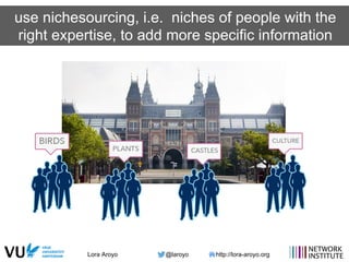 Lora Aroyo @laroyo http://lora-aroyo.org
use nichesourcing, i.e. niches of people with the
right expertise, to add more specific information
 